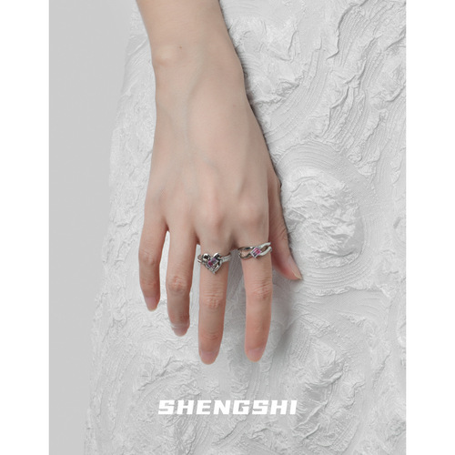 Korean style ring for women with a niche, simple, high-end, sweet and cool style love pink zircon open ring that does not fade
