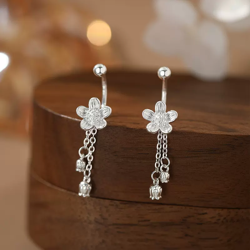 阿宝S999足银花朵流苏耳钉轻奢甜美小众设计感高级感耳环耳坠耳饰