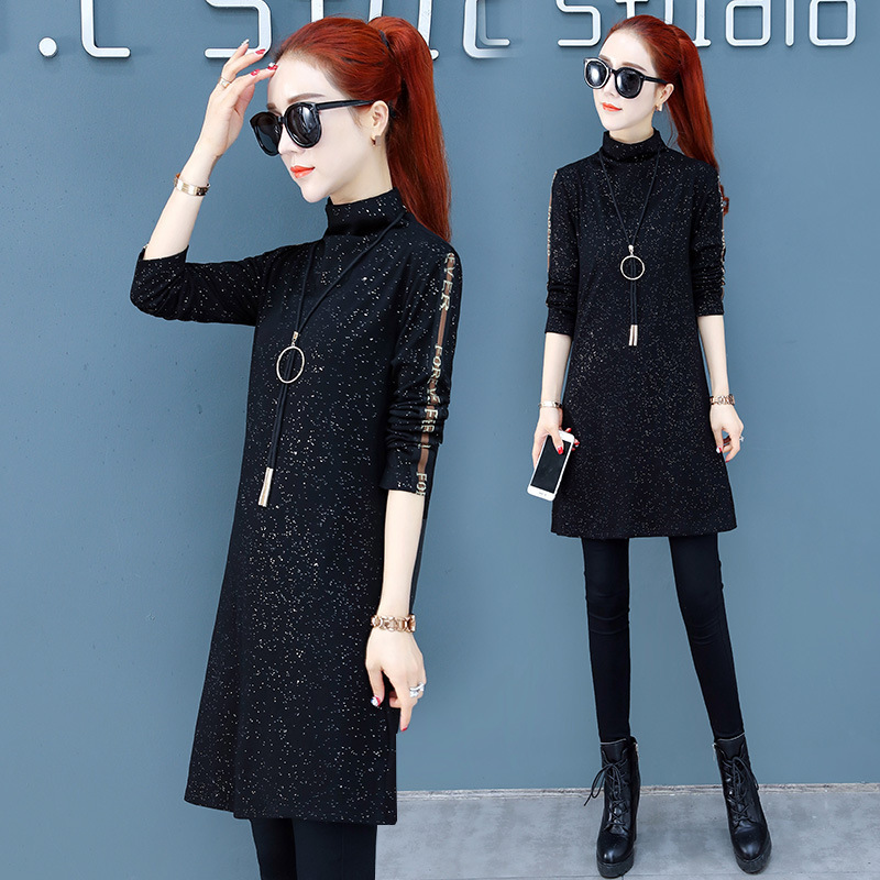 Fleece-lined/thin autumn and winter half turtleneck dress mid-length thickened bottoming shirt black western style inner T-shirt top