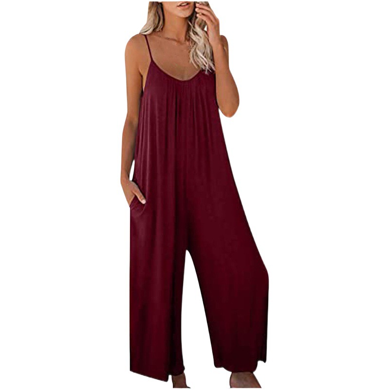 Amazon europeo y americano Correa mono mujer 2022 verano nuevo comercio exterior transfronterizo color sólido bolsillo casual mono image 1