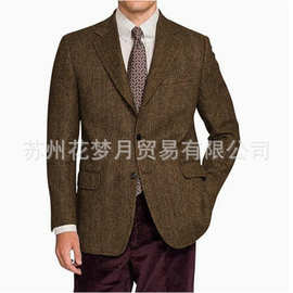 外贸男士人字纹西服外贸欧美纯色质感复古西装外套英伦风礼服单上