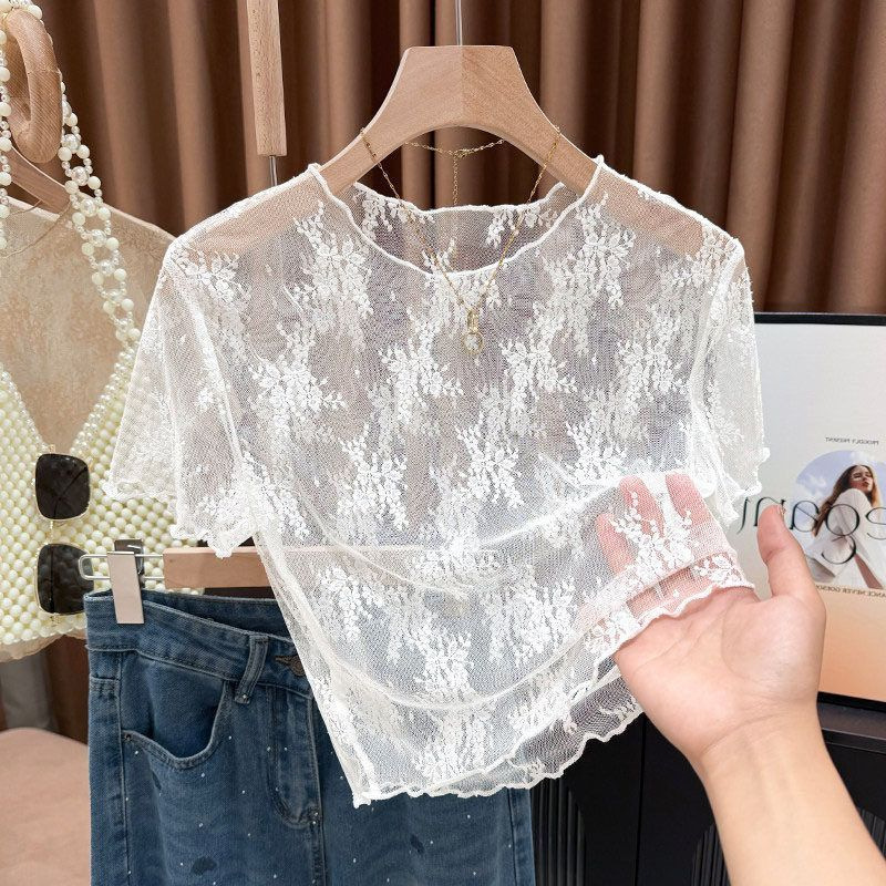 Sexy See-Through Short-Sleeved T-Shirt with Suspender Skirt and Thin Mesh Top as a Base Layer, Lace Short Top for Women in Summer Sexy See-Through Short-Sleeved T-Shirt with Suspender Skirt and Thin Mesh Top as a Base Layer, Lace Short Top for Women in Summer