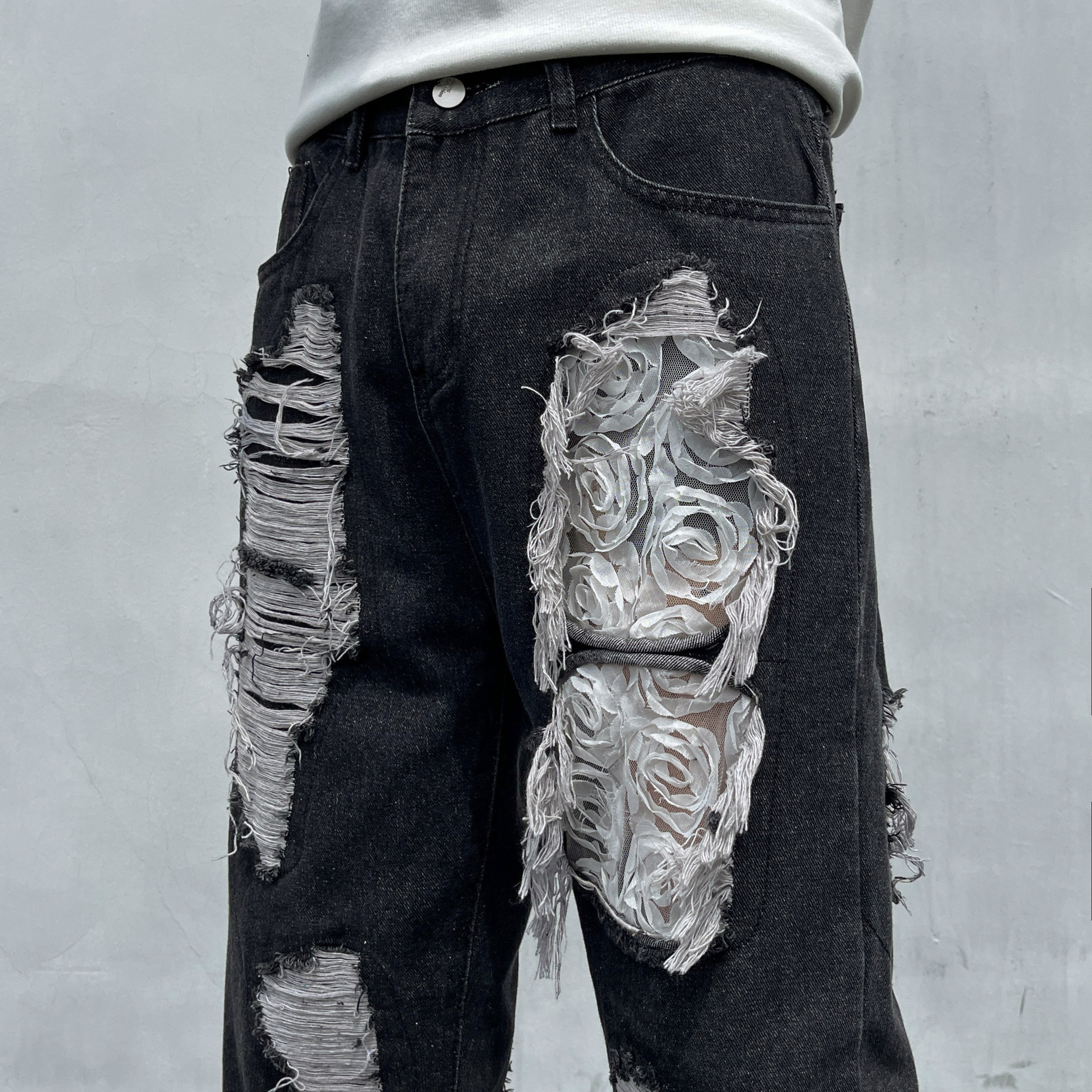 Tie-Dye Ripped Jeans For Men And Women American High Street Vintage Washed Slim Fit Flared Pants_mkmklike.com