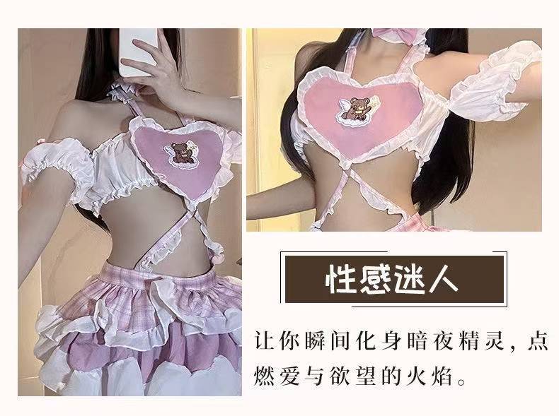 Moe Q Maid Uniform Lingerie Set with White Bodystocking, Chiffon Fabric — detail image 5