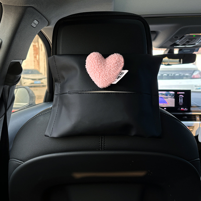 Car Tissue Box Litchi Pattern Light Luxury Love Heart Hanging Strap Car Paper Box Armrest Box Seat Back Tissue Bag Women