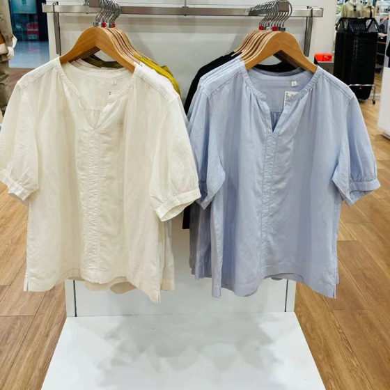 Japanese single 2024 spring and summer U small V-neck cotton and linen blended loose shirt bubble short sleeve solid color top 466432