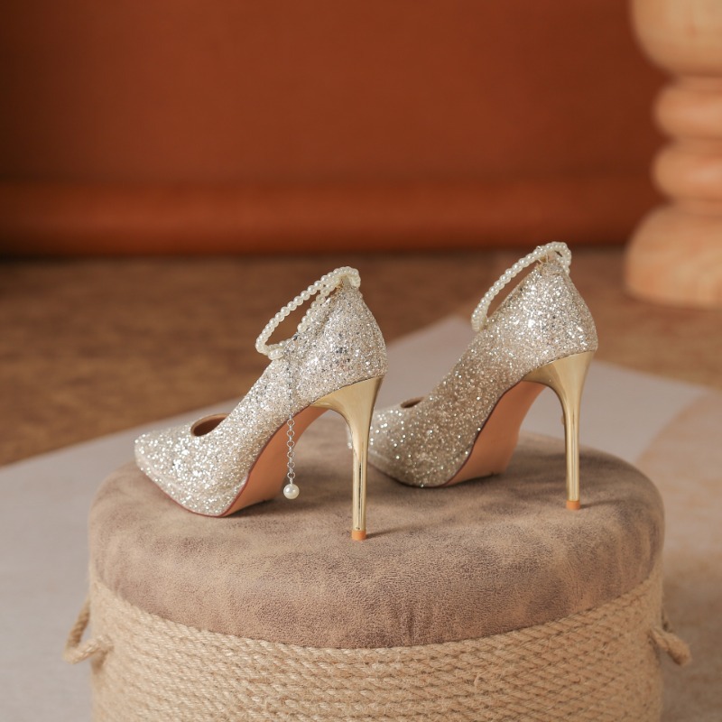 1089-60 Waterproof Platform Adult Ceremony Sequin Pearl Chain Bridal 2025 New Dress Bridesmaid Wedding Shoes_voghion.com