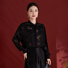 2025秋季新款真丝桑蚕丝女法式通勤薄款新中式立领宽松上衣1791