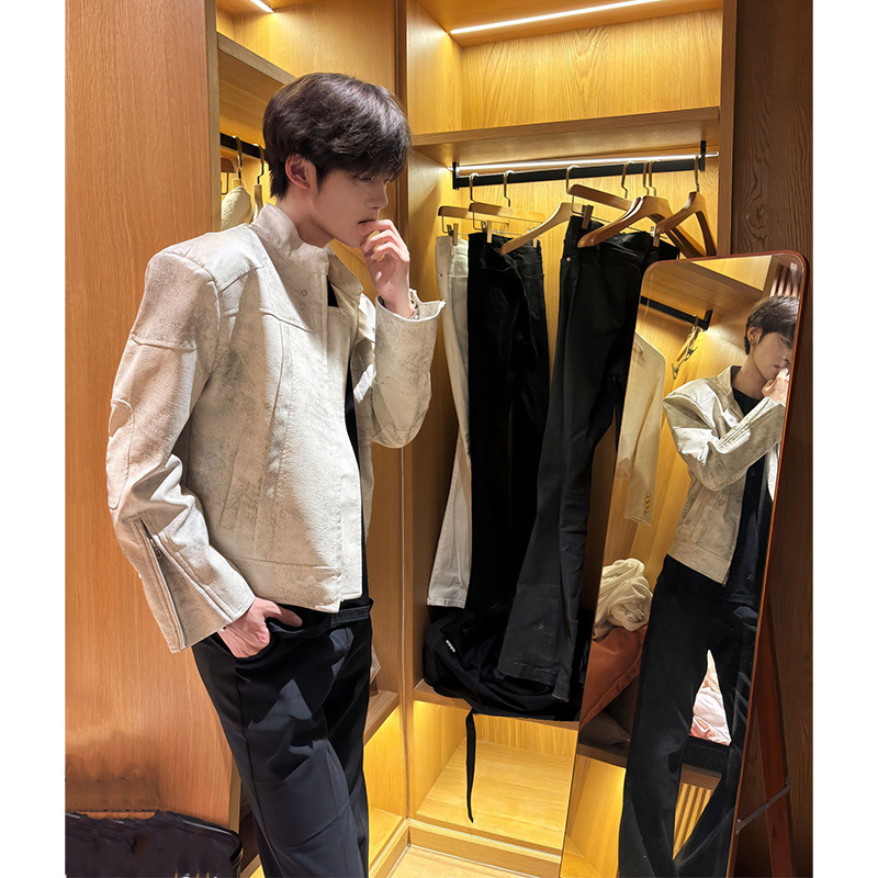 American Style Short Shoulder Pad Leather Jacket Men's Design Sense High-Level Sense New-Style Handsome cleanfit Vertical Collar Aviator Jacket American Style Short Shoulder Pad Leather Jacket Men's Design Sense High-Level Sense New-Style Handsome cleanfit Vertical Collar Aviator Jacket