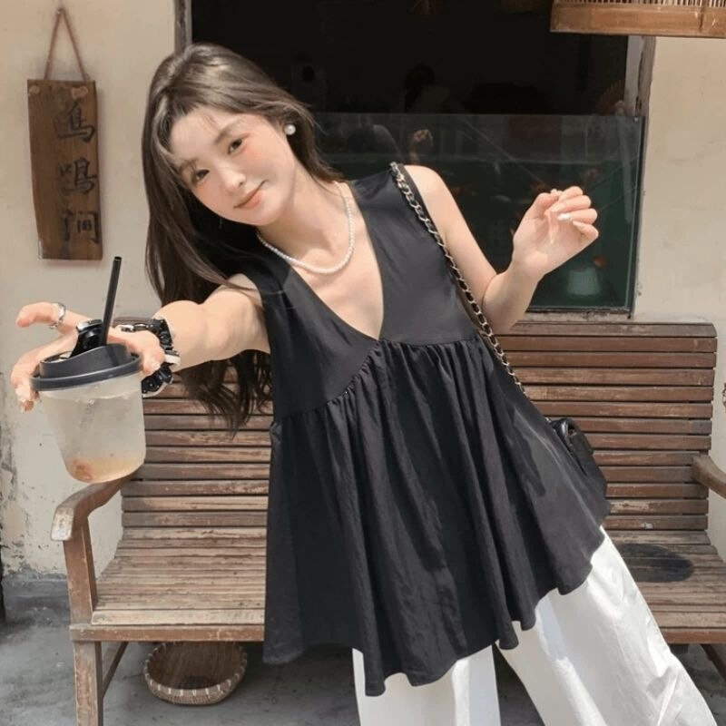Plus-Size Elegant Sleeveless Black Tank Top Shirt for Women, Summer High-End Korean Style Loose Fit Cover-Up Blouse Plus-Size Elegant Sleeveless Black Tank Top Shirt for Women, Summer High-End Korean Style Loose Fit Cover-Up Blouse