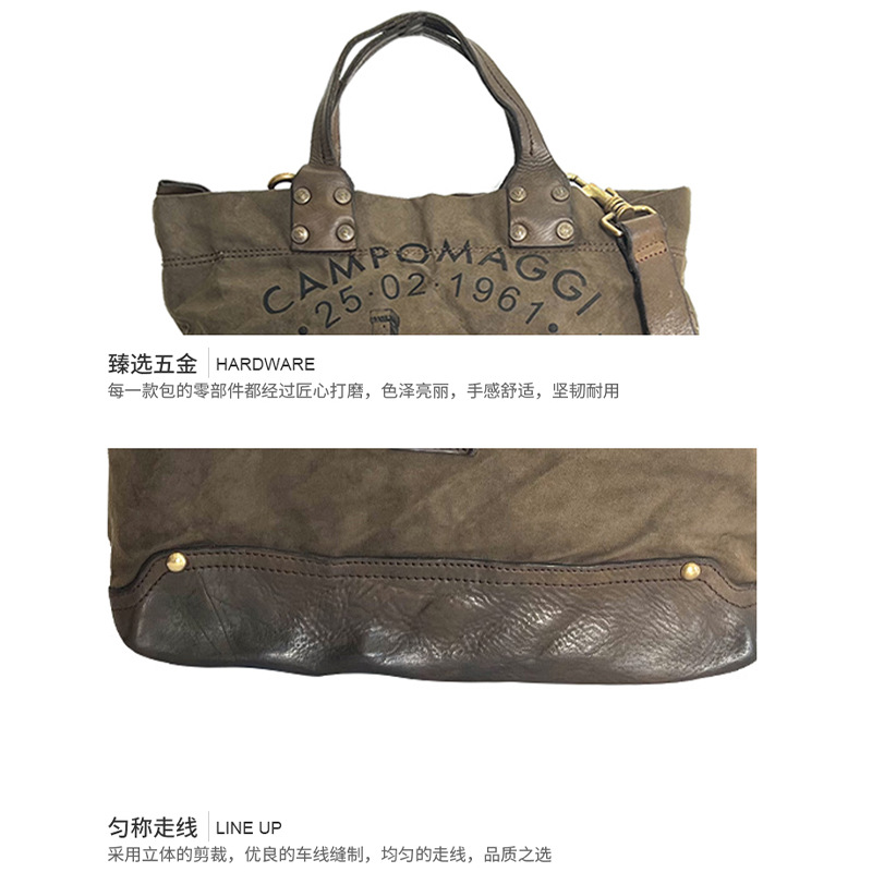 Fábrica directa retro bolso de mano japonés y coreano hoja curtido bolso de cuero de vaca letras bolso lienzo color de contraste empalme de mano