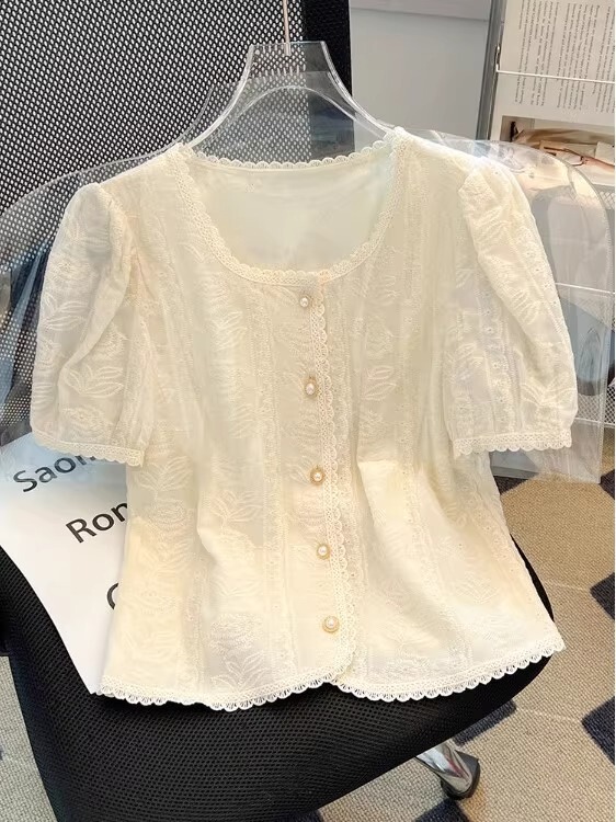 小香風レース上着女性夏半袖シャツ2025新型フランス泡袖超きれいシャツ|undefined