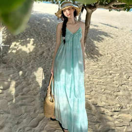 系带露背超仙海边度假拍照吊带连衣裙初恋穿搭长裙度假露背仙女裙