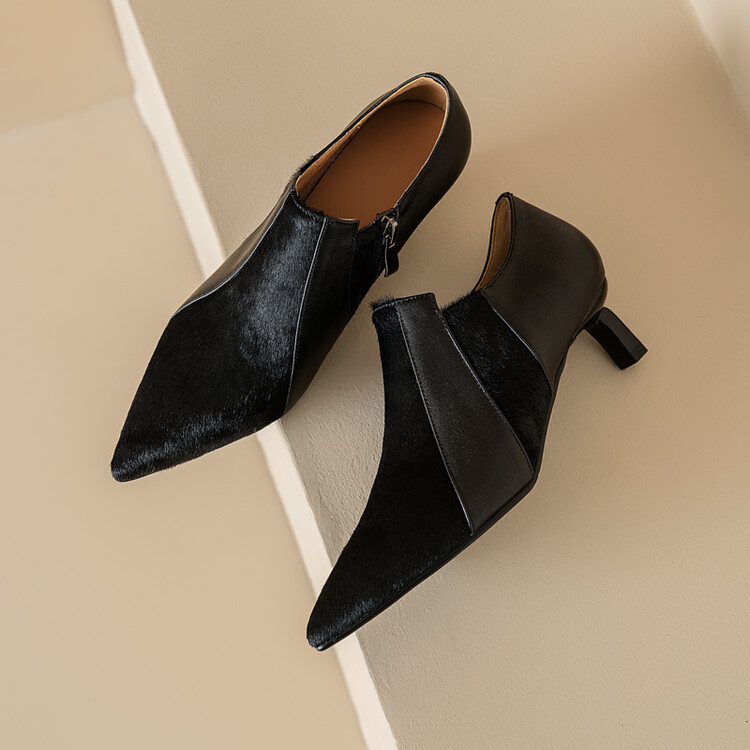 里外全皮裸靴细跟尖头侧拉链深口单鞋牛皮马毛拼接气质高跟小皮鞋