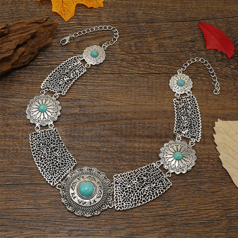 Plating, Inlay Design Retro Ethnic Style Flower Alloy Plating Inlay Turquoise Women's Necklace