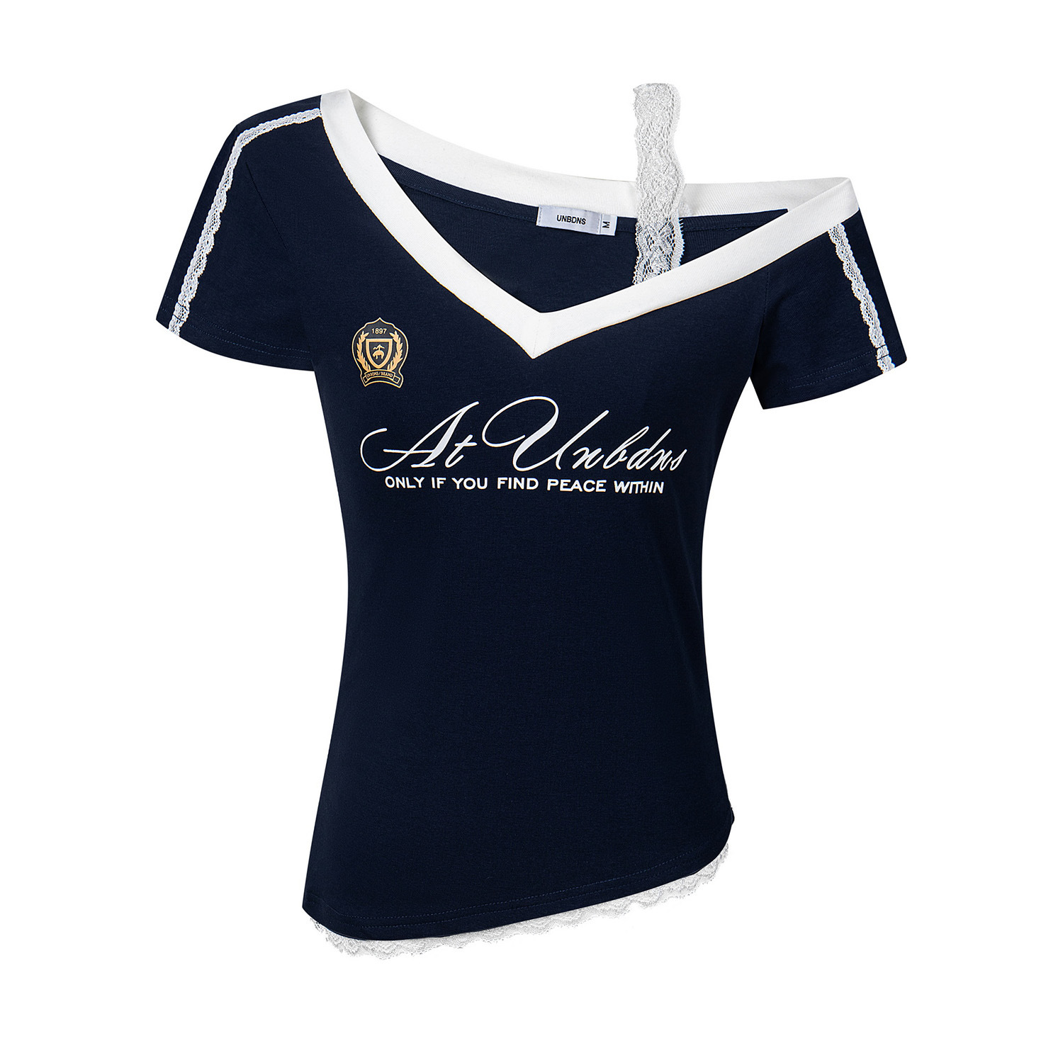 Women's Clothing Slim Fit Short Sleeved T-Shirt Dark Blue Niche Lace Camisole Faux Two Piece Sexy Top_ecoleips.com