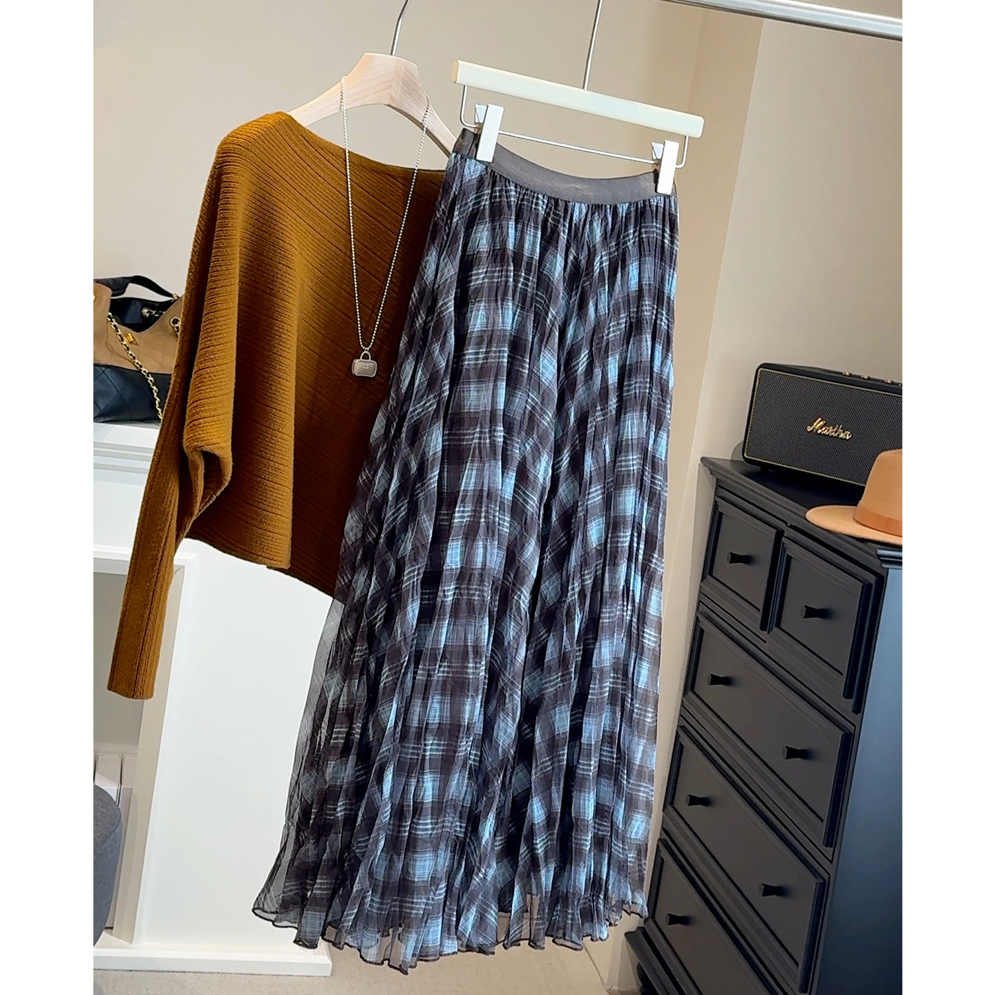 复古格纹垂感压褶网纱半身裙女秋季2025新款高腰过膝百褶中长裙子