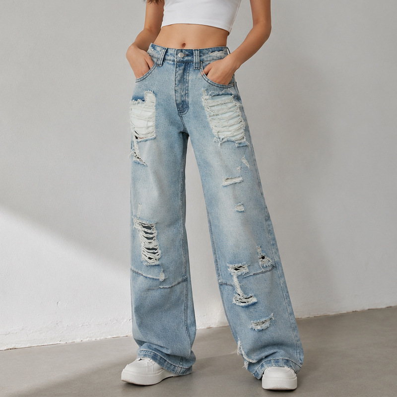 2026 Summer New American High Street Style Ripped Jeans for Women, Autumn Design, Retro Loose Lazy Wide-Leg Pants 2026 Summer New American High Street Style Ripped Jeans for Women, Autumn Design, Retro Loose Lazy Wide-Leg Pants