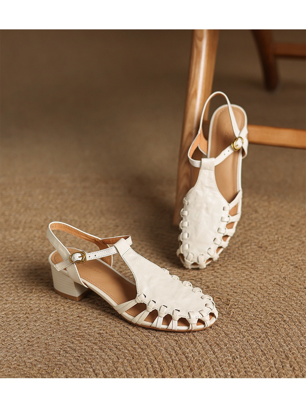 Sandal nữ da cừu mũi nhọn gót vuông quai ngang kiểu La Mã đan rỗng — màu nâu chi tiết 15