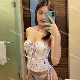 韩版新款分体泳衣性感抹胸抽绳少女小胸清新比基尼温泉度假bikini