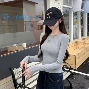 Oxygen-Based Comic Figure, Right Shoulder T-Shirt for Women, Slim Waist, New Slim Fit, Sexy, Slim, Pure Color, Versatile Top, Long Sleeves