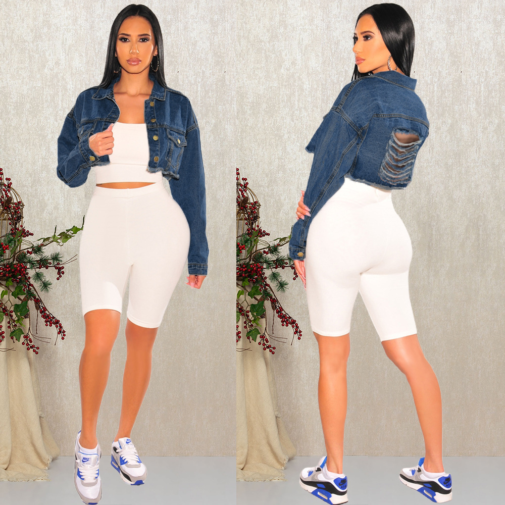 3522亚马逊跨境女装欧美INS 时尚短款破洞秋冬款牛仔外套