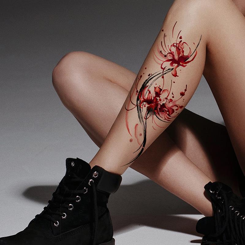 Ink Mark Tattoo Sticker, Spider Lily Waterproof and Long-Lasting Female Color Cover Sticker, High-End Clavicle Semi-Permanent Flower Arm