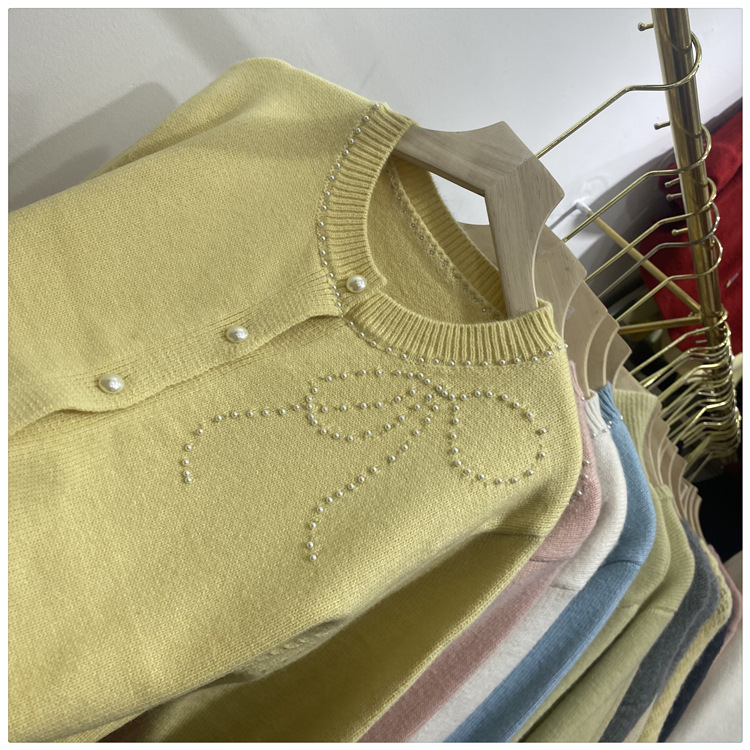 Women's Clothing Chic Embellished Bow Knit Cardigan For Women - Autumn Casual Long Sleeve Open Front Sweater (Blue, Yellow, Gray, Beige, Pink)​_voghion.com