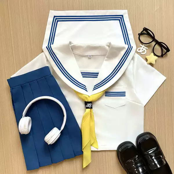 Manufacturer wholesale jk uniforms, complete set of new blue three-piece authentic basic model, college style school sailor uniform jk skirt, genuine