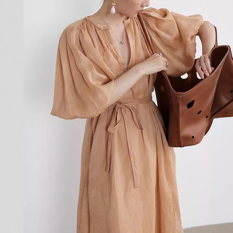 Commuting Floral Puff Sleeve Ramie Dress, New Summer Style, V-Neck, Loose, Lazy Style, Long Dress, Short Sleeves, Slimming
