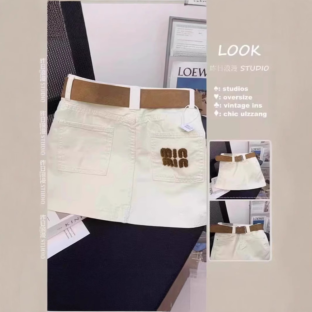 Letter Embroidered White Denim Skirt for Women 2025 Summer Hot Style Sexy High Waist Slimming Look Hip Short Skirt