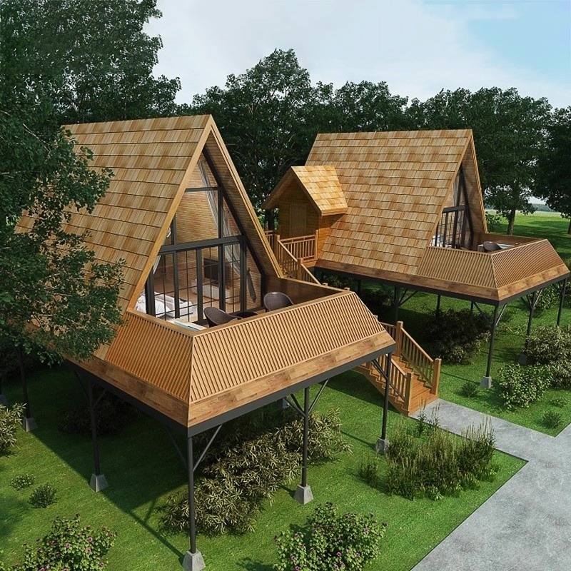 Casa de madera triangular red de lujo al aire libre salvaje cabaña de vacaciones alojamiento residencial pequeña casa de diseño villa patio casa en el árbol