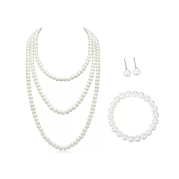 Amazon hot selling European and American fashion 8mm imitation pearl sweater chain pearl necklace bracelet earrings three-piece suit