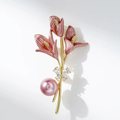 Xiliang Feizi Korean Style Temperament Lily Flower Brooch Elegant Enamel Flower Pin Suit Jacket Accessories Corsage (Yaxa sancaqları) - x2571-2-100-rose-pearl-tulip-brooch