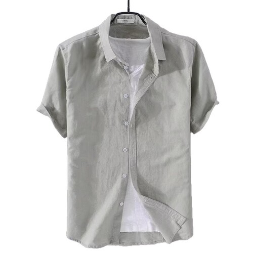 Breathable pure linen shirt, men's short-sleeved loose top, summer wear, thin lapel, white cotton and linen shirt