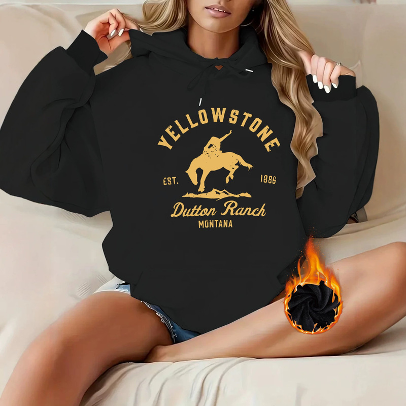 Cross-border women's sweatshirt for autumn and winter, women's clothing with kangaroo pocket, hooded, long-sleeved, fleece-lined, Yellowstone Dutton Ranch print Cross-border women's sweatshirt for autumn and winter, women's clothing with kangaroo pocket, hooded, long-sleeved, fleece-lined, Yellowstone Dutton Ranch print