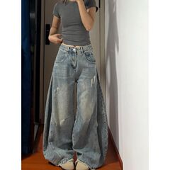 美式复古破洞阔腿弯刀设计感牛仔裤女夏季新款宽松显瘦拖地阔腿裤