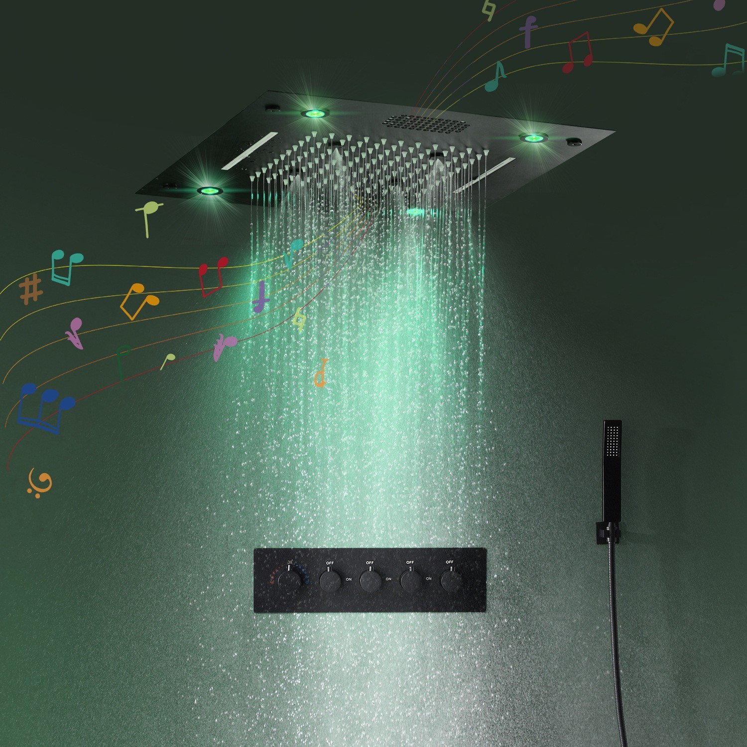 German Wall-mounted Bluetooth Connection Music Colorful LED Shower Waterfall Spray Massage Black Shower Head