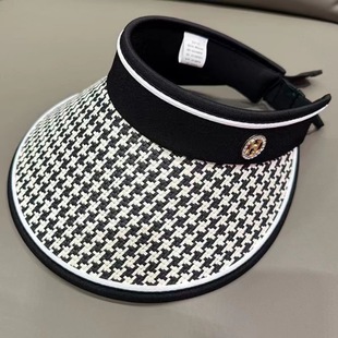 College Style Uv Houndstooth Rhinestone Beach Sun Protection Large Brim Face-Slimming Travel Cycling Visor Hat