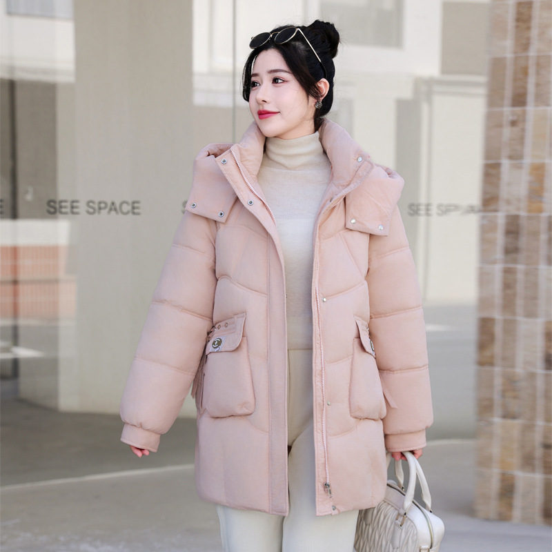 2024 invierno estilo coreano encapuchado vestido de pan de tamaño grande abrigo de algodón de pluma grueso mujer estilo largo exterior abrigo de algodón suelto image 11