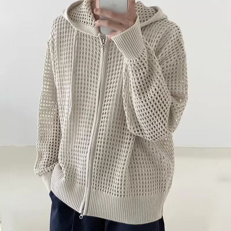 Tide wind hollow hooded sweater boys spring and autumn Korean version of loose zipper sweater coat cardigan a generation of hair