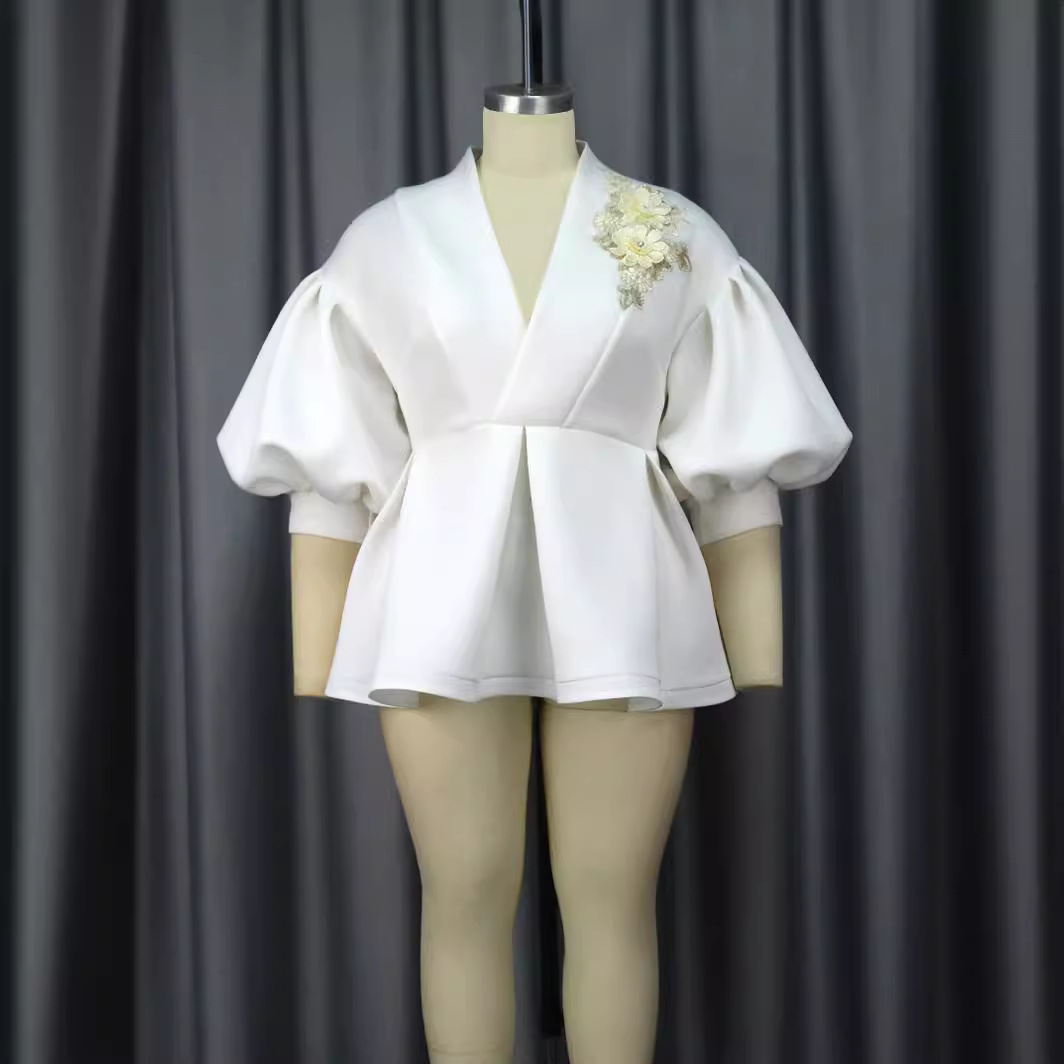 Women's Clothing AM030439 New Lantern Sleeve Tops Large Size Temperament Style Suit Collar Embroidery Women's Tops_voghion.com