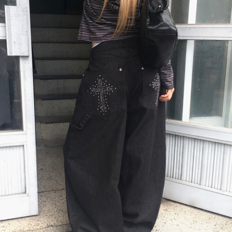 American Retro Leopard Print Cross Scimitar Jeans for Women, Spring and Autumn High Street Design, Loose Slimming Wide-Leg Pants