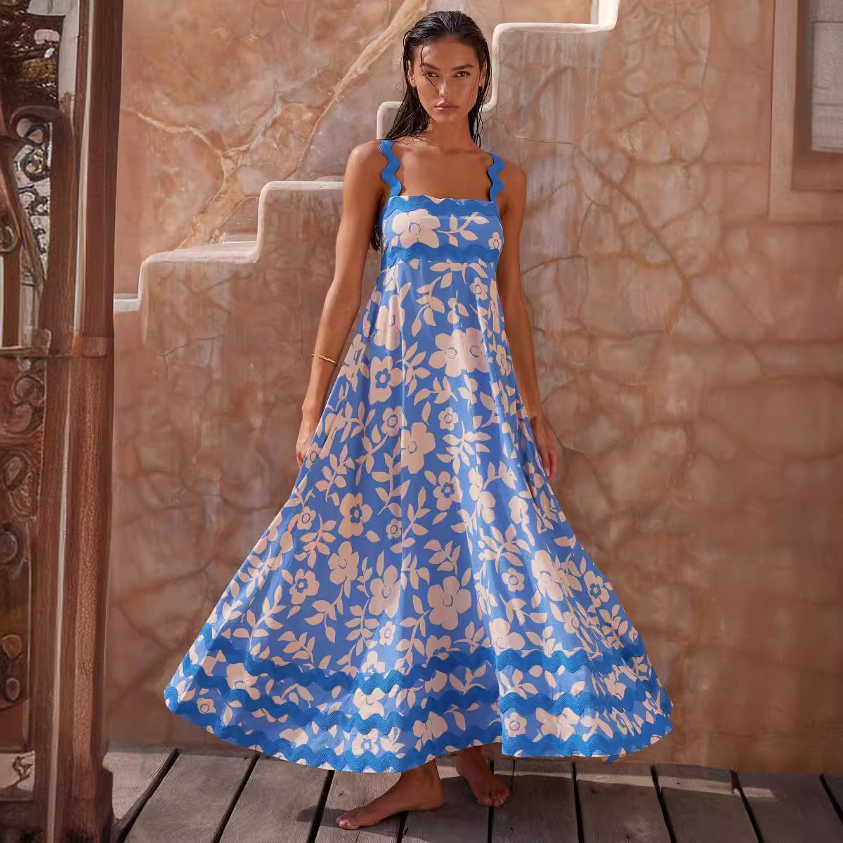 Spring New Cross-border Women's Fashion European And American Printed Vintage Bohemian Style Long Strap Dress_ecoleips.com