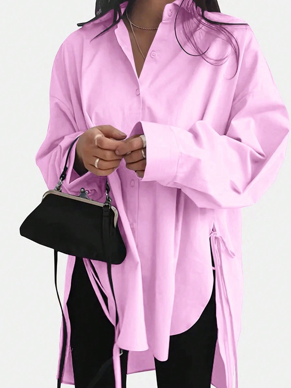 ヨーロッパとアメリカの貿易婦人服Amazon AliExpress新しい女性の初秋のルーズフロントショートバックロングレースアップスリムシャツ|undefined