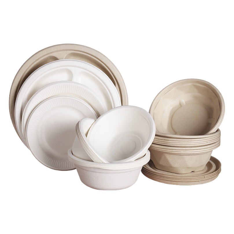 Platos y tazones desechables de papel hechos de pulpa de caña de azúcar, biodegradables, aptos para barbacoa, platos para pasteles de cumpleaños, tazones tipo mariposa, platos redondos, tazones para sopa caliente.
