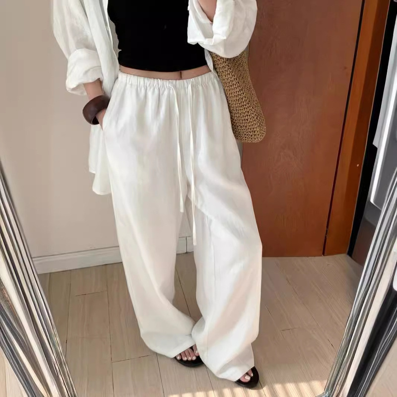 2025 Spring Relaxed Tencel Linen Wide Leg Pants Summer Loose and Easiest for Match Drawstring Straight White Casual Pants