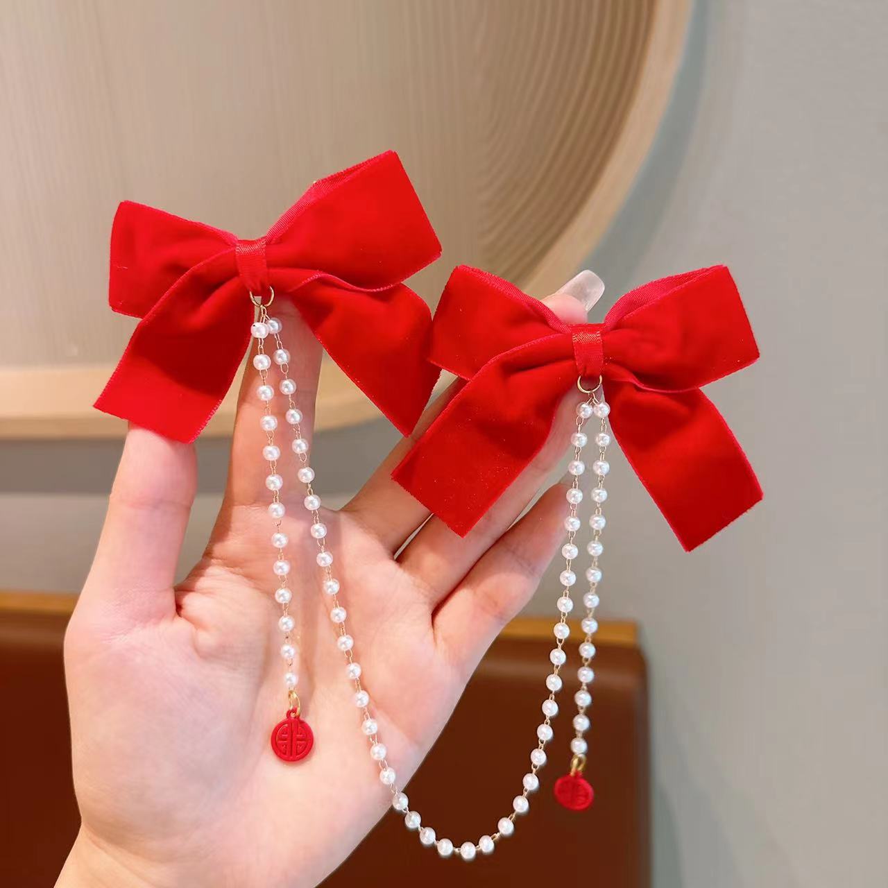 Rojo DE LOS NIÑOS Año Nuevo arco horquilla bebé princesa borla Año Nuevo Niña Accesorios para el cabello niña perla horquilla