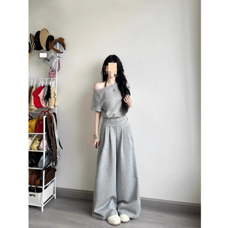 盐系少女感休闲运动套装女夏季灰色一字肩收腰短袖阔腿裤两件套|undefined