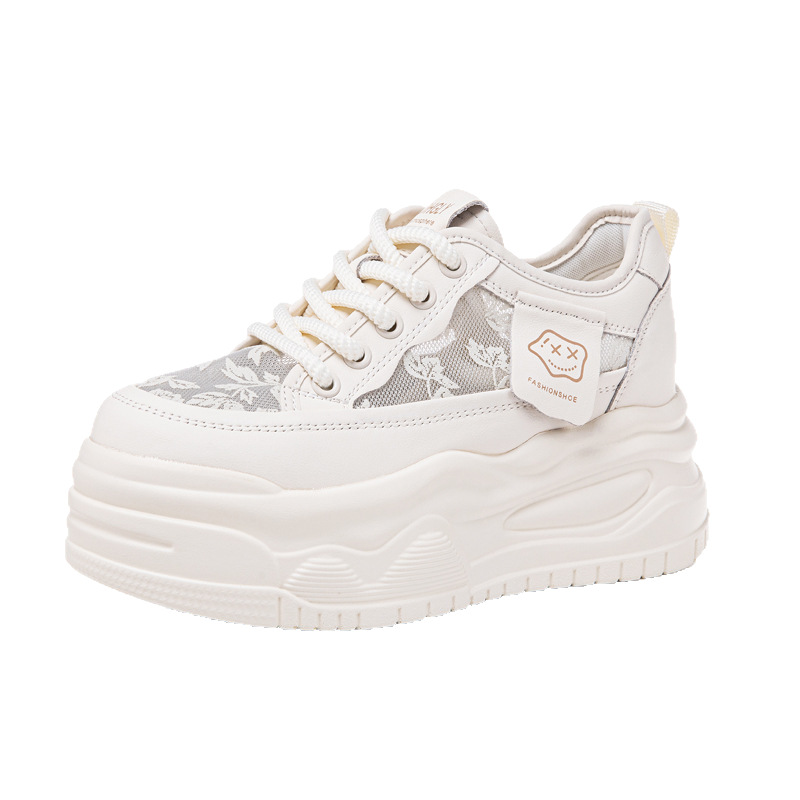 Women's White Platform Skateboarding Shoes Breathable Mesh Dad Trainers_voghion.com